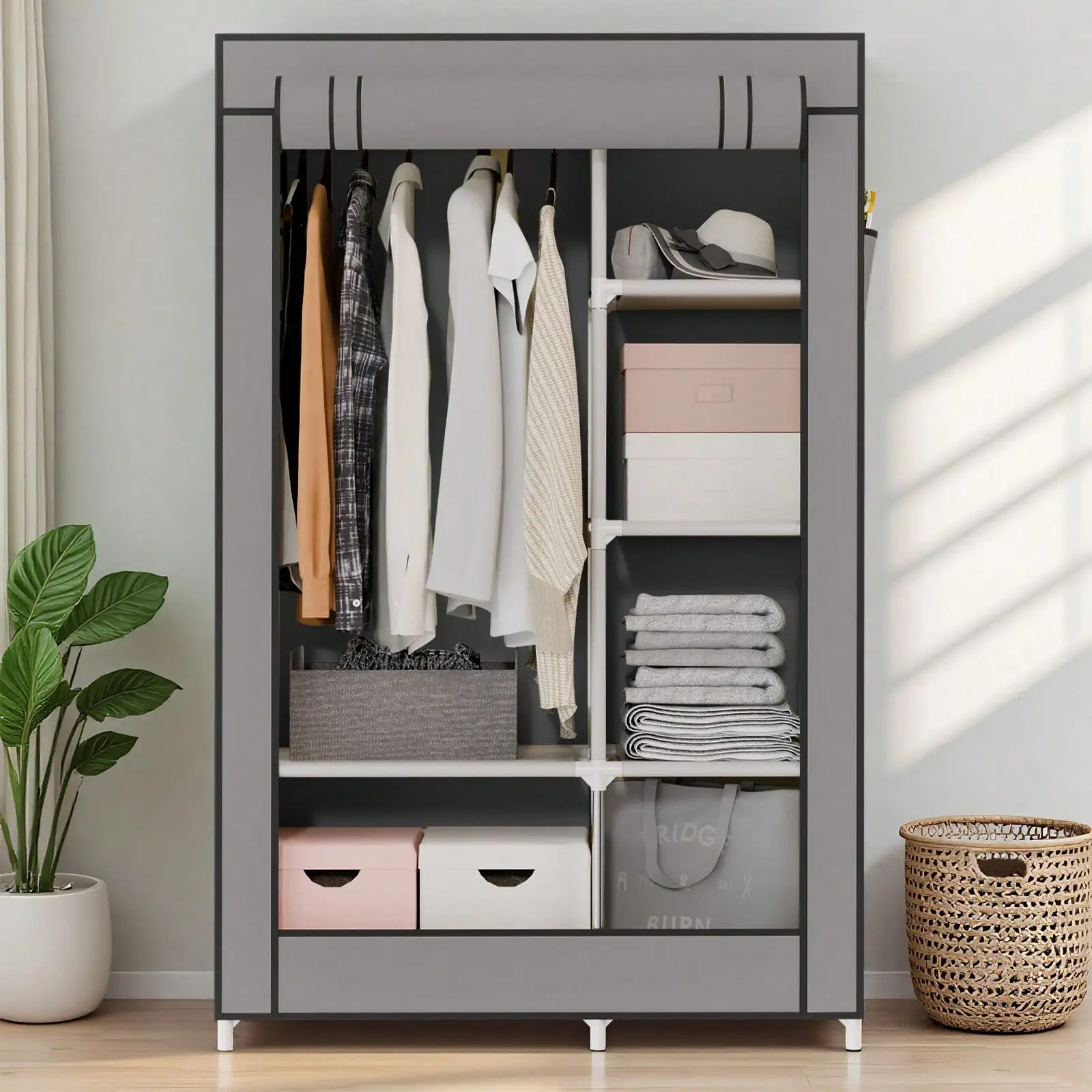 Garment Rack,Clothing Racks For Hanging Clothes ,No-Assembly Portable Closet, Wardrobe Organizer, Portable Wardrobe With 6 Shelves & 1 Hanging Rod, 4 Side Pockets, For Bedroom, Living Room, Cloakroom, Garage, Dorm, Apartment view 3