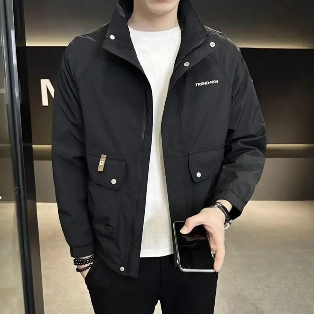 

Men Solid Color Coat Men's Windproof Stand Collar Winter Coat with Zipper Closure Pockets Smooth Long Sleeve Jacket for Fall