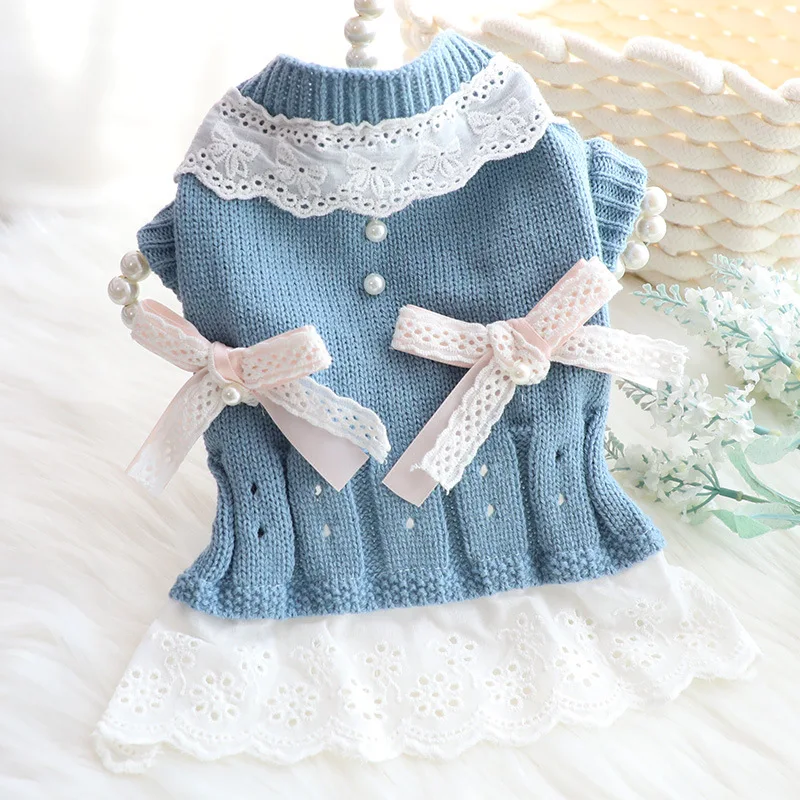 Cat and Dog Dress Spring Autumn Sweater Dress Pink Blue Bow Patchwork  Hollow Out Lace Princess Dress Pet Clothing