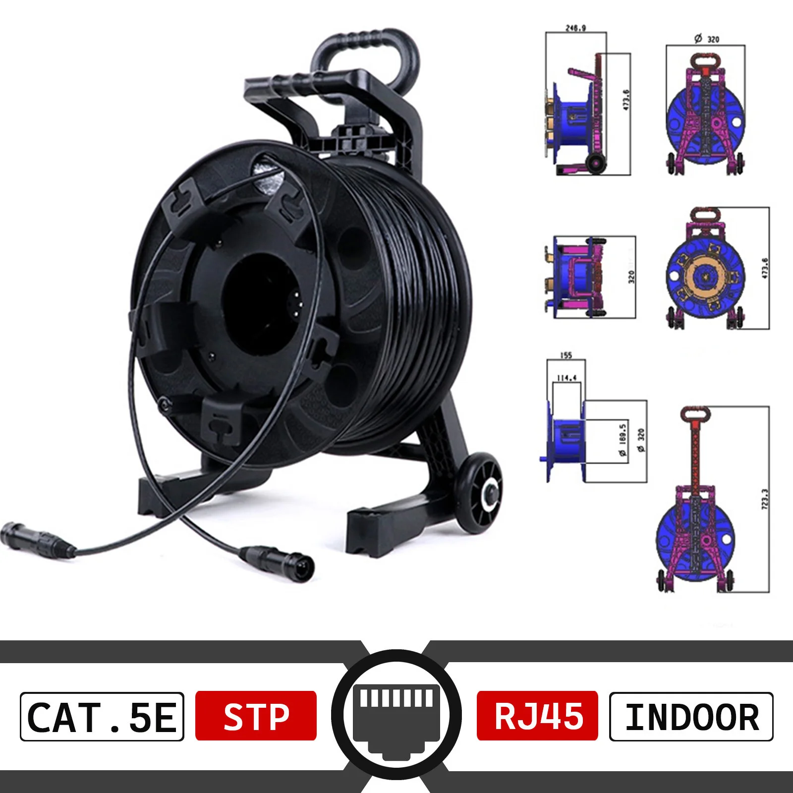 Stage RJ45 Female to Female Cat.5E/CAT.6A UTP/STP Network Extension Cable PCD310 Winding Drum with Pull Bar with Wheel