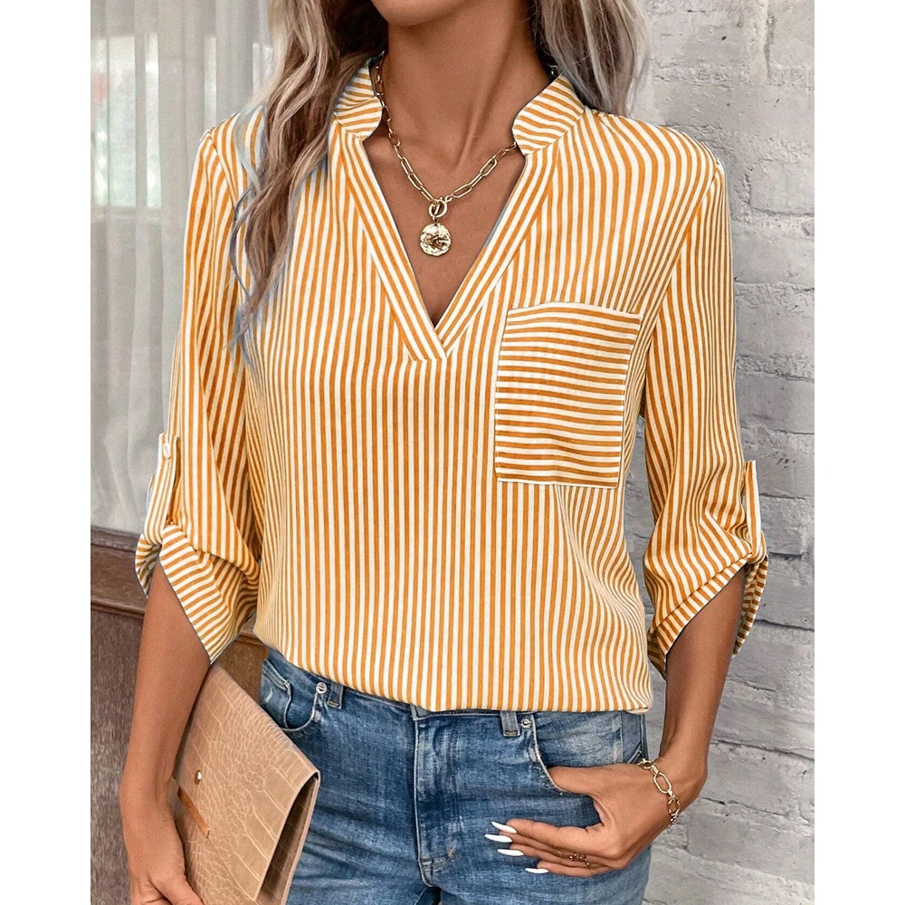 Women Striped Print Three Roll Up Sleeve Top Summer Fashion Casual V-Neck Buttoned Design Casual T Shirt Sexy Blouse Workwear