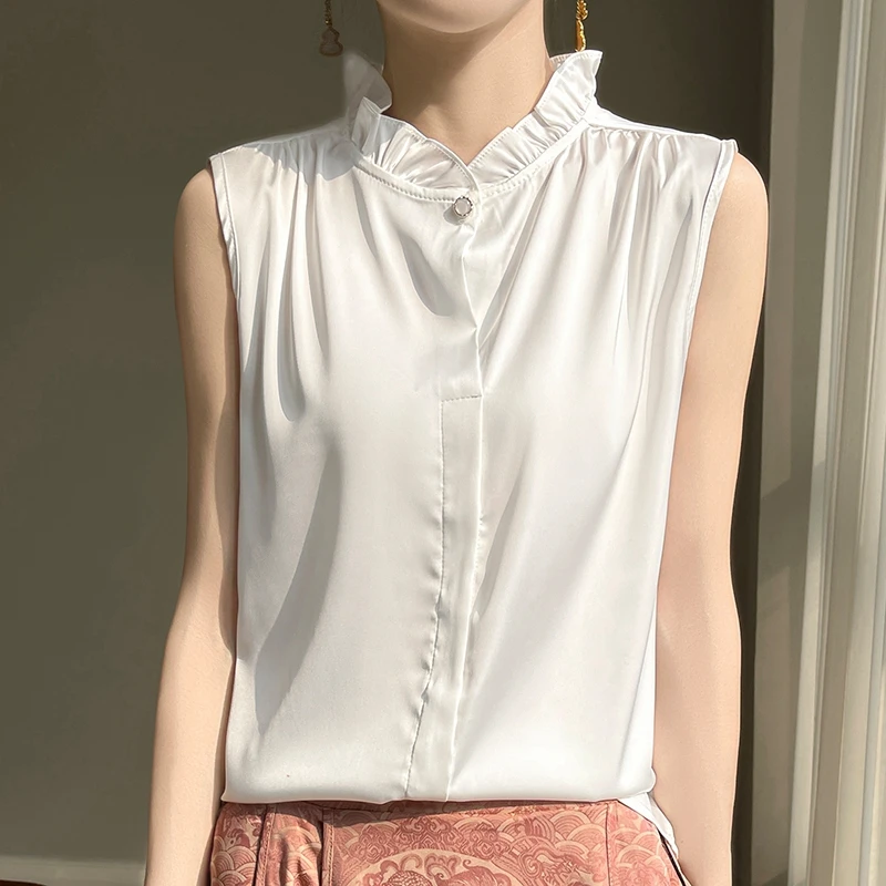 Camicia senza maniche con colletto in pizzo da donna all'interno impilato con volant sul fondo fungo a foglia con collo alto T-shirt in chiffon con gilet in raso