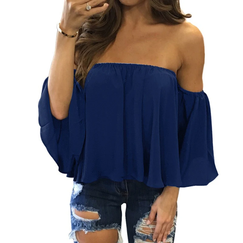 2024 Women T-shirt Solid Chiffon Strapless Sexy Off Shoulder Women\'s Shirts Short Sleeve Summer Fashion Female Sweet Clothing