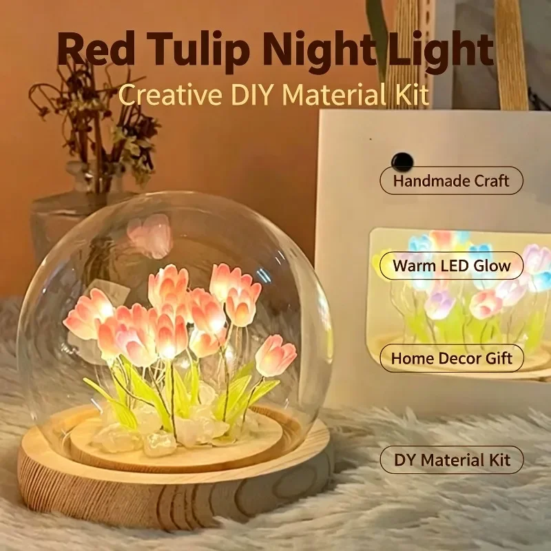 LED Night Light Ornaments Handmade DIY Bedside Artificial Tulip Flower Night Lamp Bedroom Desk Decor Birthday Gifts Table Lamp