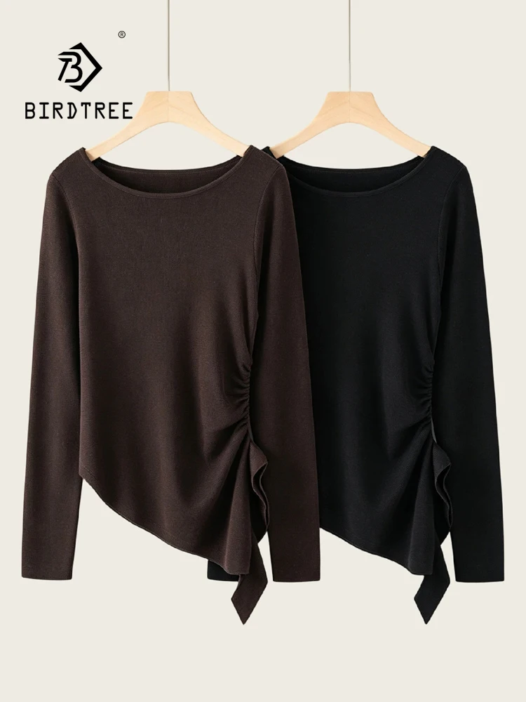 BirdTree-100%Wool Elegant Knit Hooded Sweater, Slash Neck Ruffles, Women Korean Soft Commute Sweater, 2026 Autumn New T6O596CC
