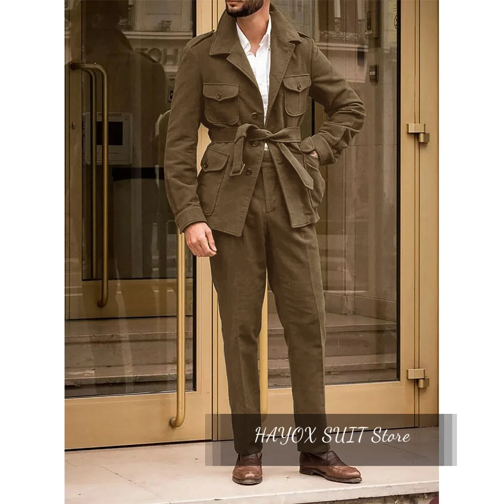 Abrigo de caza de lana verde con cinturón para hombre, chaqueta delgada Vintage para caza, pantalones, ropa informal elegante, traje de dos piezas