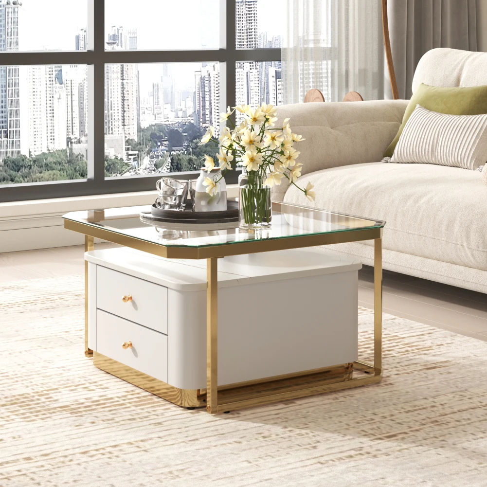 US 2 Pieces Square Nesting Coffee Table, Modern End Table, Side Tables With Tempered Glass Top And High Gloss Marble Veneer Top