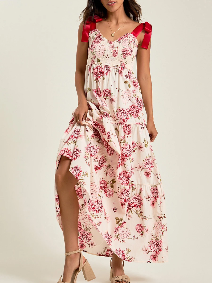 جديد أزياء المرأة زلة اللباس أكمام عارية الذراعين التعادل متابعة زهرة طباعة فستان محكم من عند الصدر ويتدلى بشكل واسع الصيف فستان طويل الشارع الشهير S-XL