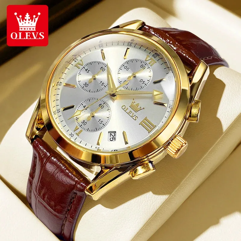 

OLEVS 2872, мужские наручные часы с хронографом, кожаный ремешок, водонепроницаемые светящиеся кварцевые часы, мужские роскошные спортивные мужские часы