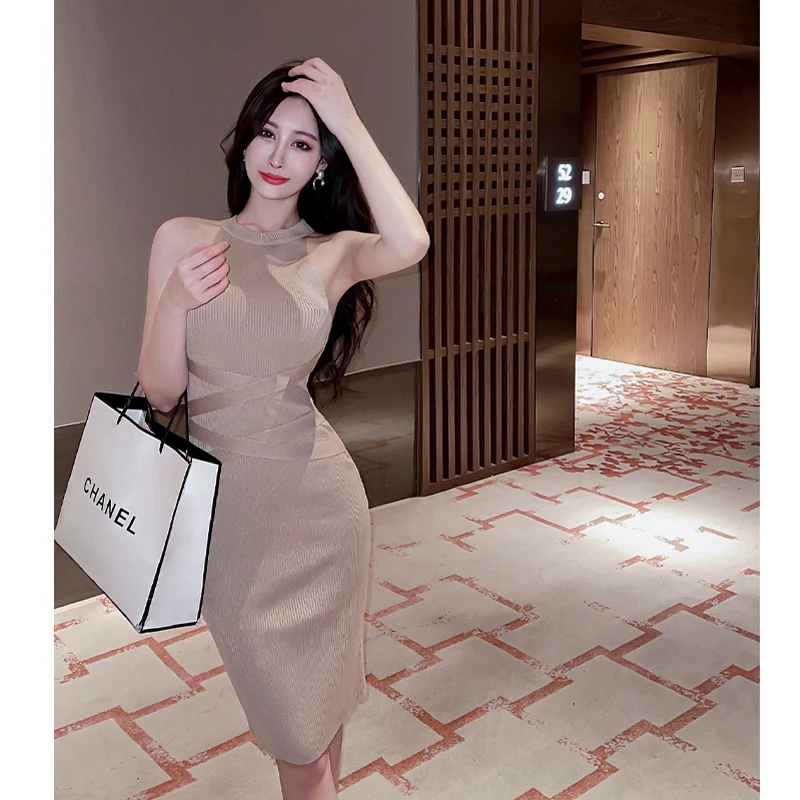 Halter Collar Camisole Dress Women\'s Bandage Knitted Sheath Tank Dresses Spring Summer