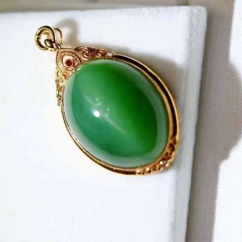 18k gold inlaid natural Hetian jasper old material cabochon pendant spinach green Hetian jade collar necklace send certificate