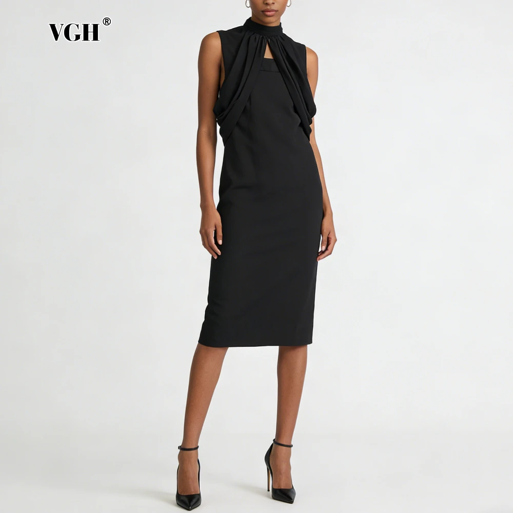 VGH Black Loose Spliced Folds Chic Dresses for Women Stand Collar Sleeveless Elegant Intellectual Dress Female Summer Fashion