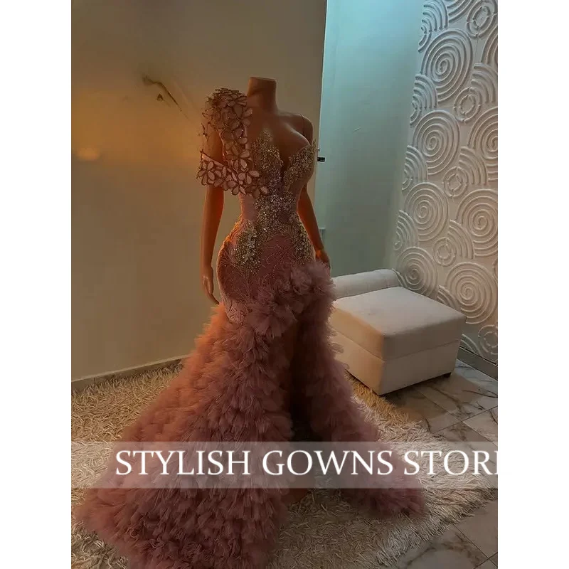 Pink Long Prom Dresses with Side Slit Luxury Mermaid Black Girls 3D Flowers Beaded Rufflues African Evening Gowns Customized
