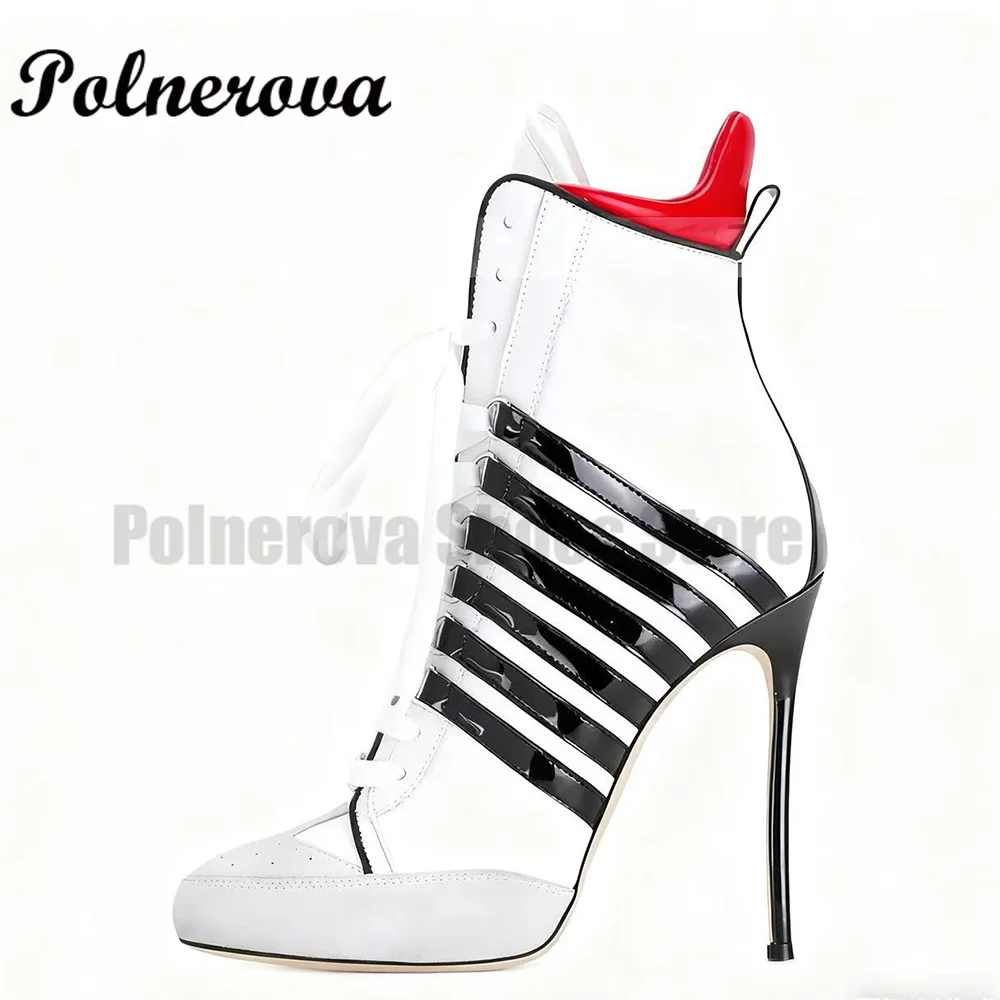 รองเท้าผ้าใบหุ้มข้อสูงแบบแพทช์เวิร์คสำหรับผู้หญิง รองเท้าบูทหุ้มข้อสีผสม หัวกลม ผูกเชือก ส้นสูง รองเท้าผู้หญิง รองเท้าบูทผู้หญิง