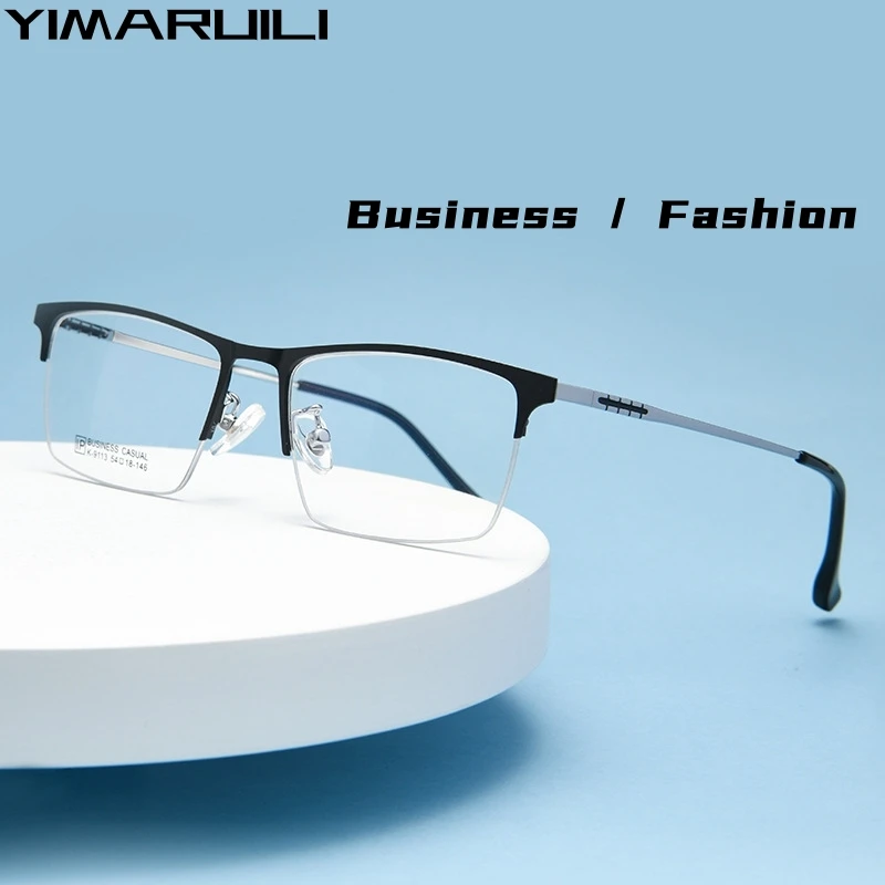 

YIMARUILI Ultra-light Business Large High-quality Alloy Eyewear Retro Square Optical Prescription Half-frame Glasses Men K-9113