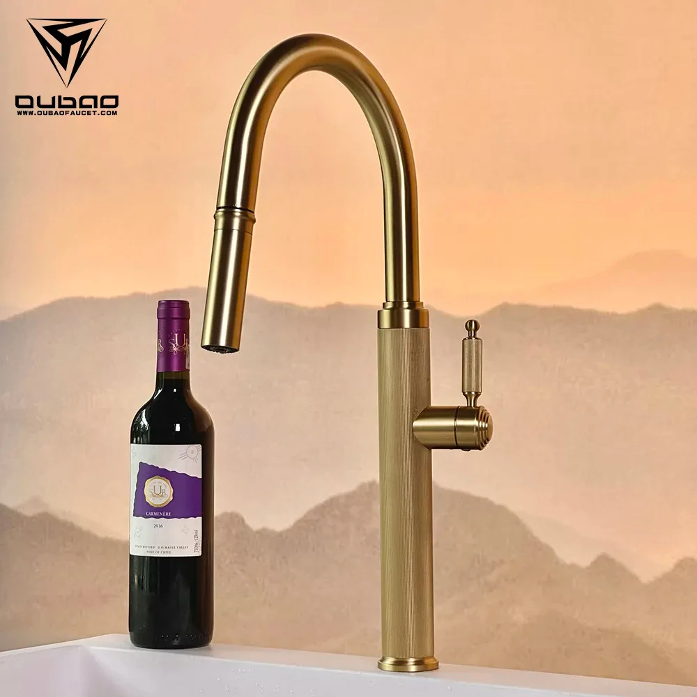 Modern high-quality single handle brushed gold stainless steel kitchen sink faucet spray cold and hot water