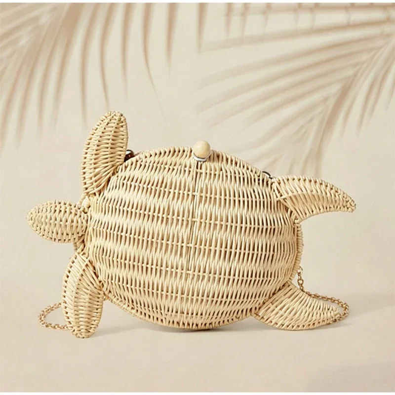 Schildkrötenförmige Rattan-Gewebte Umhängetasche mit Kettenriemen, Handgefertigte Stroh-Strandtasche, Damen Sommer-Abendtasche – Detail 17