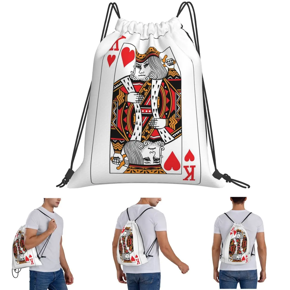 King Of Hearts Poker Playing Card Backpacks Fashion Drawstring Bundle Pocket Sundries Bag Book Bags for Man Woman School