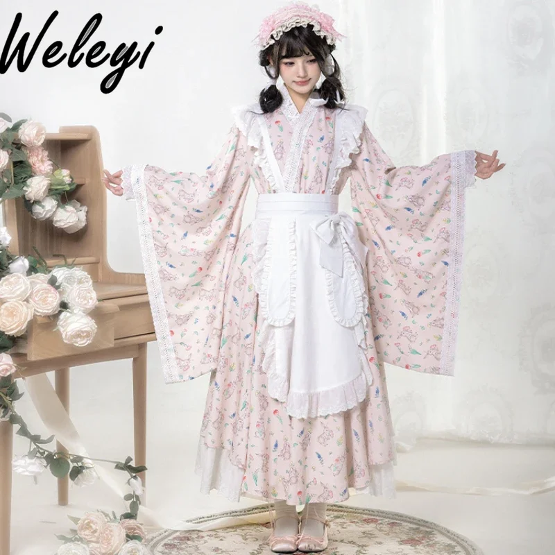 

Lolita Sweet Op Dress Set 2024 Fall New Original Japanese Maid Floral Print Long Sleeve Dresses with Apron and Removable Big Bow