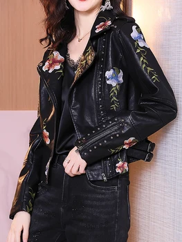 FTLZZ nueva chaqueta de cuero de motociclista para primavera y otoño para mujer, chaqueta de cuero Pu con bordado Floral, chaqueta con cremallera y cuello vuelto