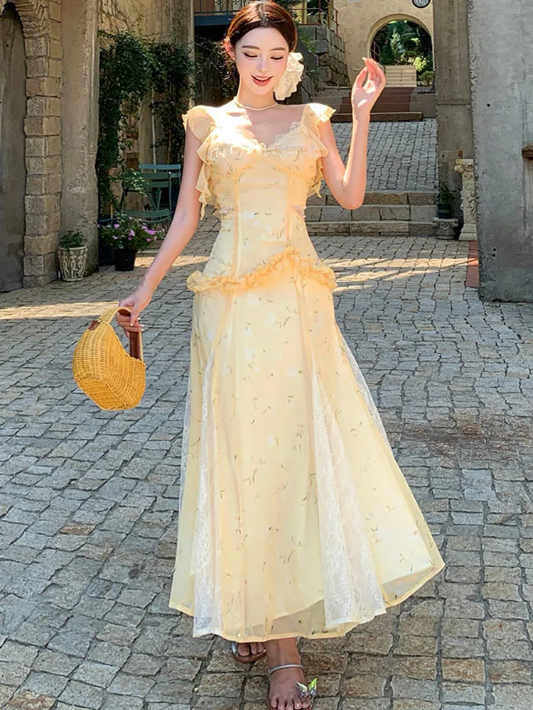 

Длинное платье на тонких бретельках с милыми оборками, лето 2029, женское сексуальное тонкое платье русалки без рукавов с цветочным принтом и открытой спиной, халат