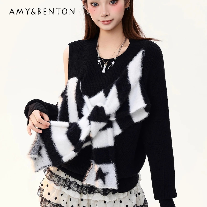 

American Retro Off-Shoulder Christmas Women's Knitted Pullover Autumn Winter Striped Scarf Splicing Red White Sweet Sweater Girl