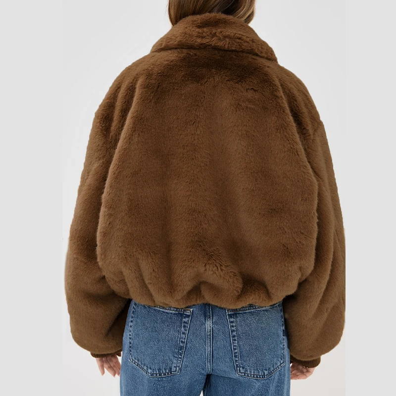 Vestes d'hiver à col en fausse fourrure pour femmes, couleur unie, col rabattu, manches longues, fermeture éclair, Style épais, manteaux amples Chic pour dames