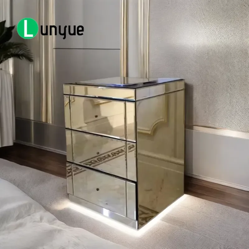 Modern Luxury Silver Bedside Cabinet High Quality Diamond Mirror Drawer Nightstand for Home Bedroom Dining Room Storage