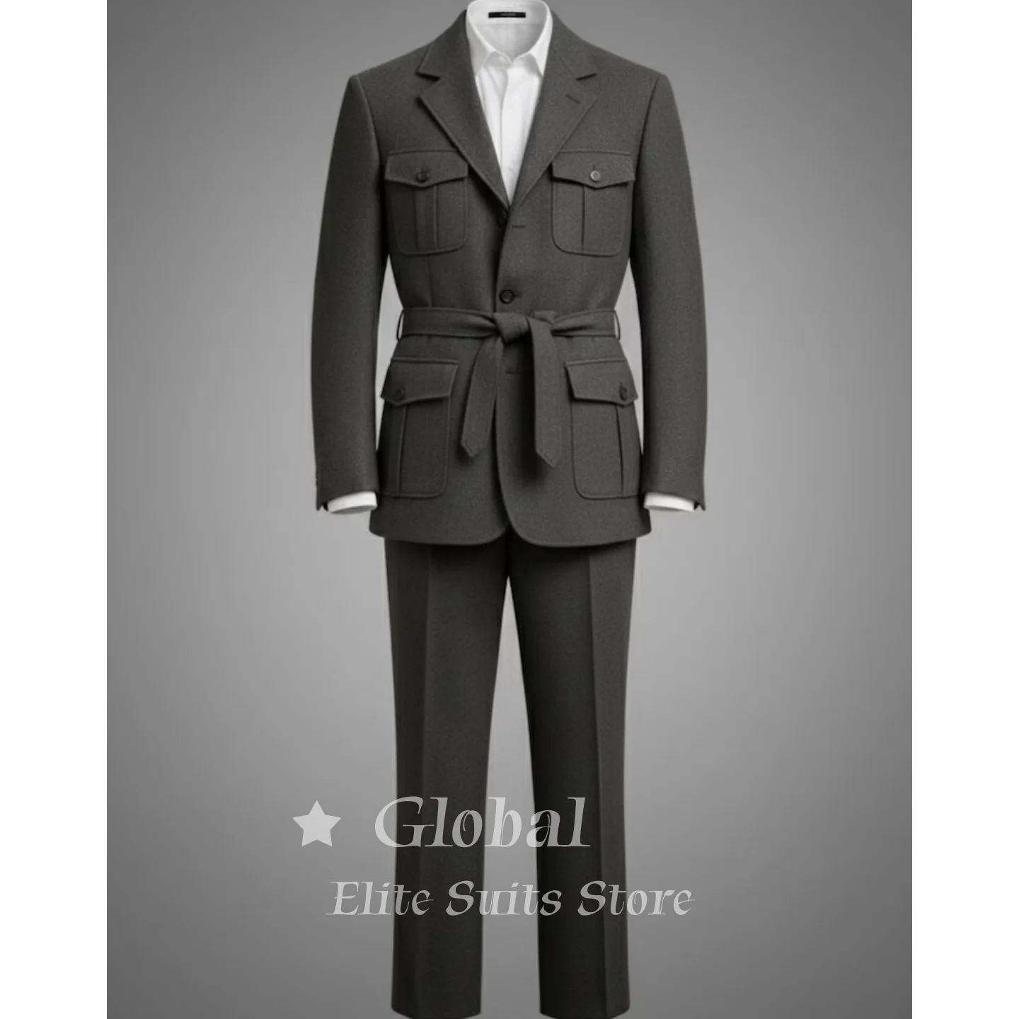 Casual Grey Safari Suit Wool Blend 2-Piece with Belted Jacket & Multi-Pockets Wedding Perfect for Business Suits Male Customized