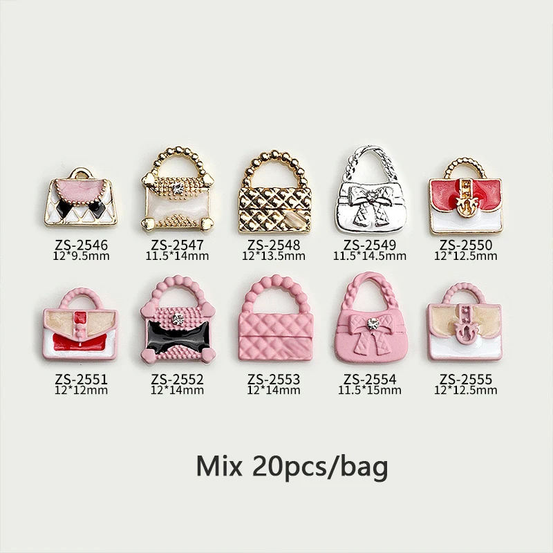 20pcs Mini Bag Nail Charms Luxury Metal Bag Art Jewelry Glitter Zircon Rhinestones Decorations Manicure Press On Nails Supply