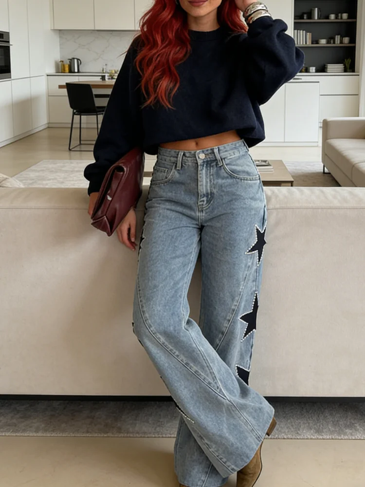 

Women's Jeans Vintage Denim Pentagram Trousers Straight Pants Casual Low Waist Long Pant Lady Classic Chic Street Woman Clothes