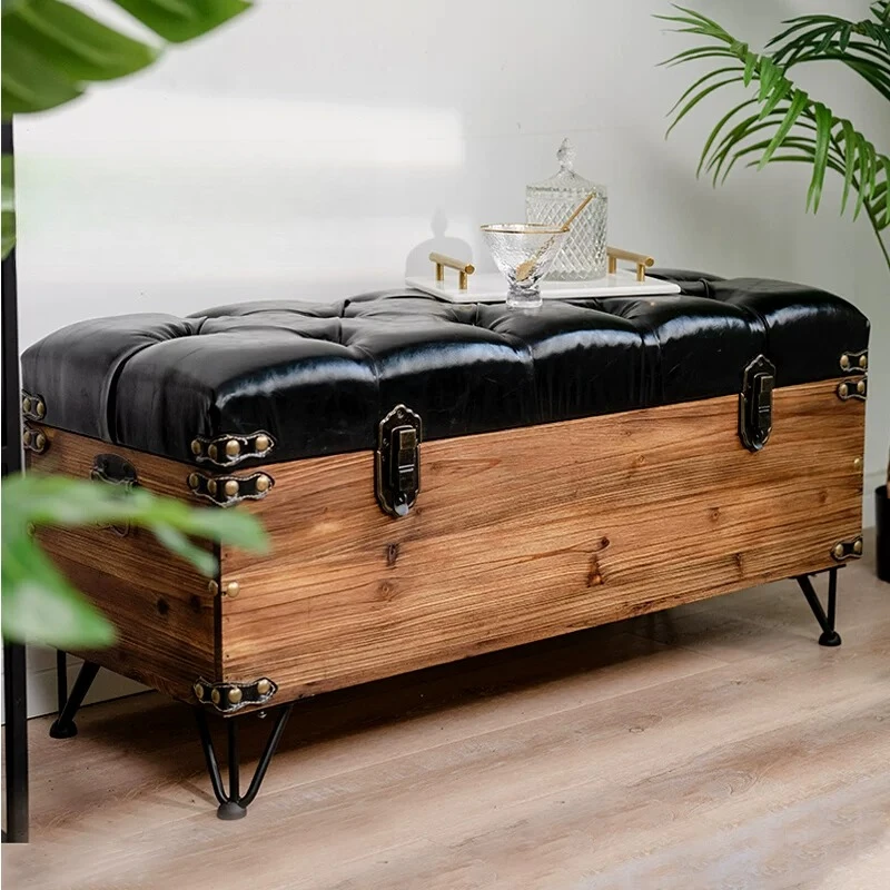 Solid wood retro storage stool rectangular household shoe changing stool can sit on sofa leather stool fitting room long