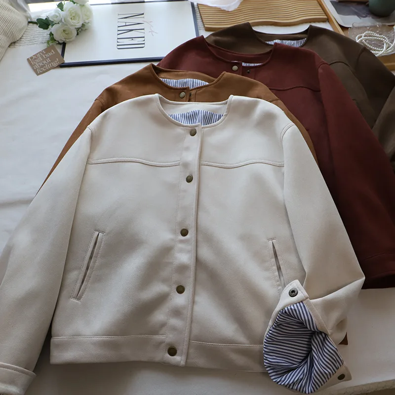 

Solid Suede Women Jacket Simple O-neck Single Breasted Long Sleeve Loose Coat Female Spring Fall Versatile Windproof Outerwears