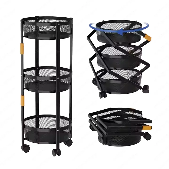 Metal 3-story Kitchen Storage Car Multifunctional Living Room Folding Vegetable and Fruit Rack with Wheels