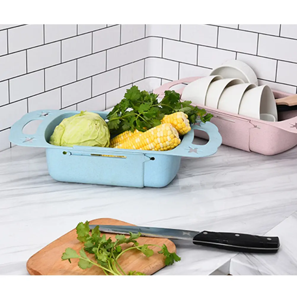 Scalable Sink Drain Basket 37.5cm to 48Cm Food Grade Wheat Straw Dish Drainer Fruit Vegetable Washing Holder Dual Handle Storage