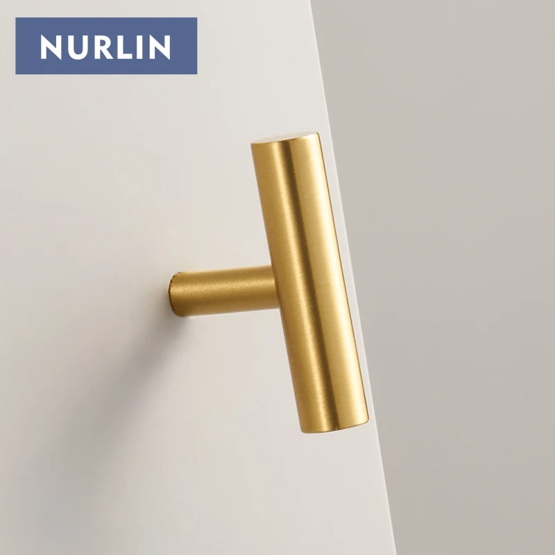 Nurlin Solid Brass Round Rod T-shaped Cabinet Handle Extended Long Wardrobe Drawer Refrigerator Kitchen door Pull Furniture