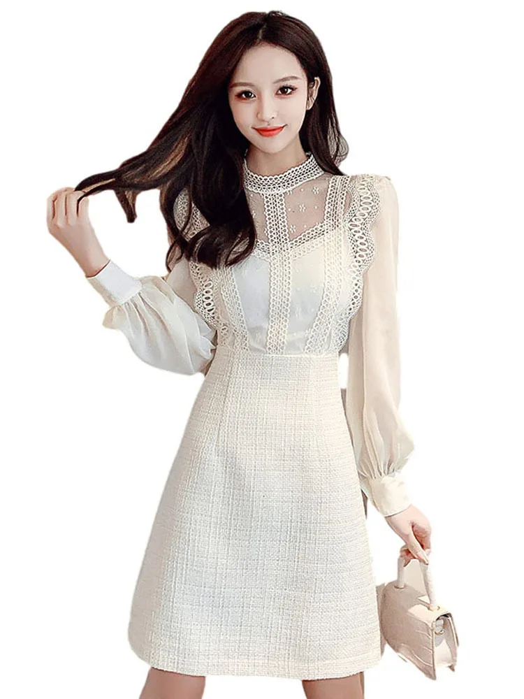 New Fashion Women Tweed Dress autunno inverno pizzo Patchwork pizzo Chiffon manica lunga o-collo una linea abiti corti Vestido