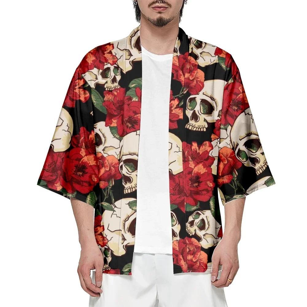 

Summer Kimono Men's and Women 2024 Japanese Traditional Kimono Rose Skull Pattern Cardigan Fashion Cosplay Beach Shirt Bathrobes