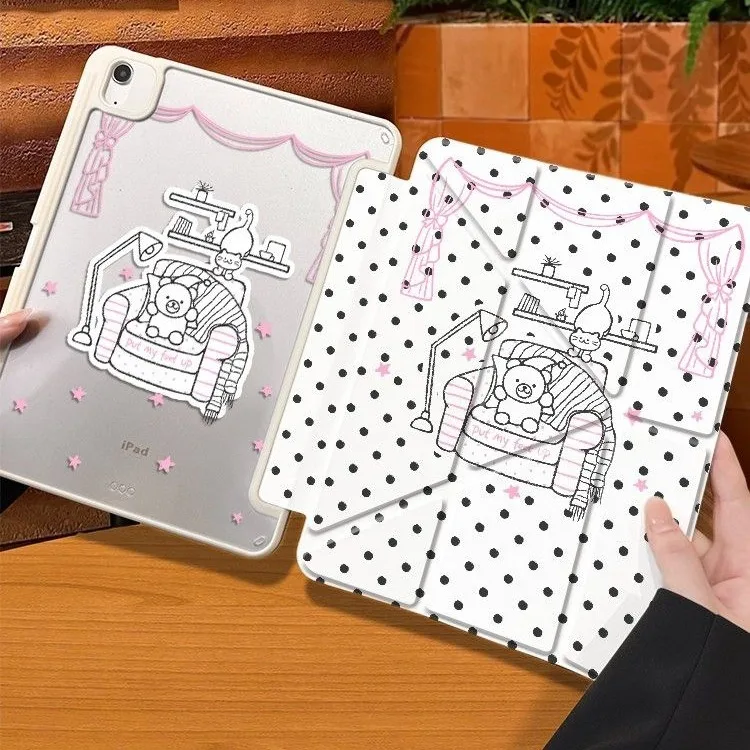 Cute Bear Polka Dot Pen Slot Tablet Case For iPad 2026 Air 8 7 6 4 3 2 1 Pro 2024 11in 12th 11 10 9 8 7 6 5th Cover