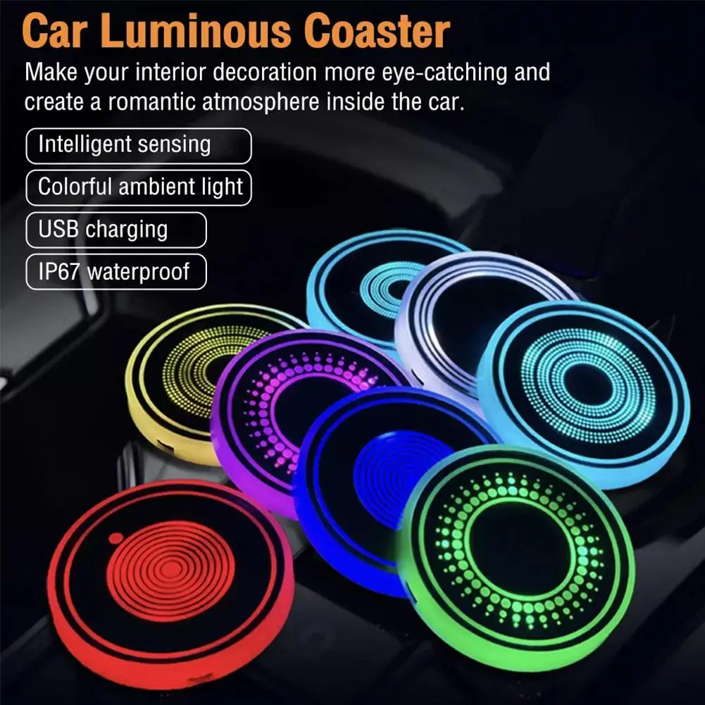 LED Luminous Car Water Cup Holder Coaster Lamps Car LED Cup Holder Coaster Rechargeable Light Up Car Accessories For Cup Holders