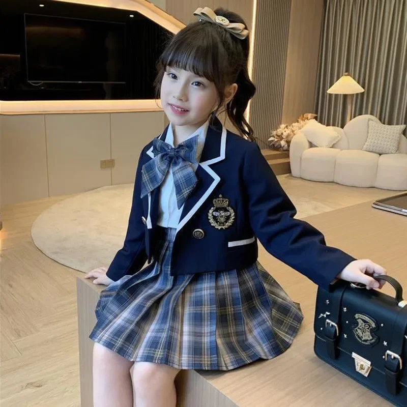 

Children's Preppy Suit Blazer+Shirts+Pleated Skirts 3pcs JK Set Bow Tie Plaid Litter Bee Badge England Style 5-14 Years Old