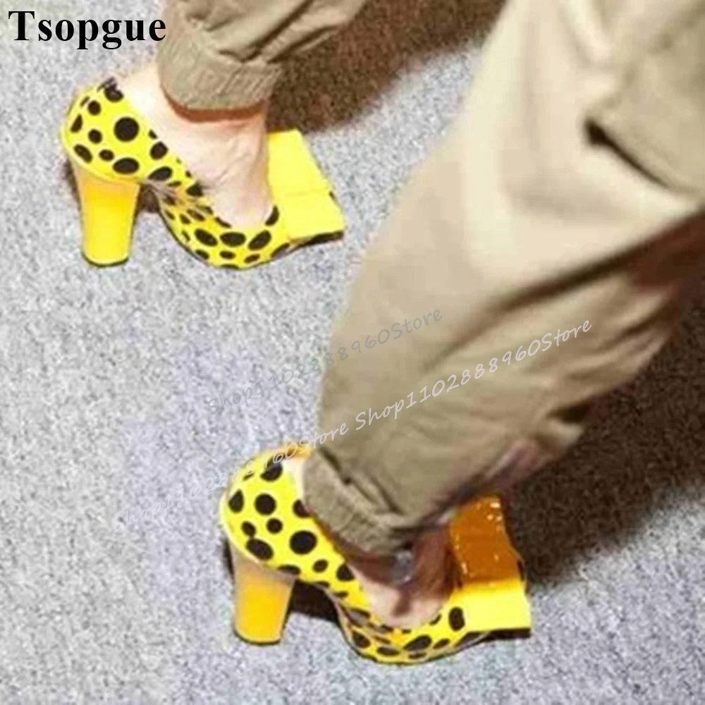 

Elegant Yellow Dot Print Bowknot Pumps Chunky High Heel Shoes For Women Slip On Round Toe 2025 Fashionable Zapatos Para Mujere