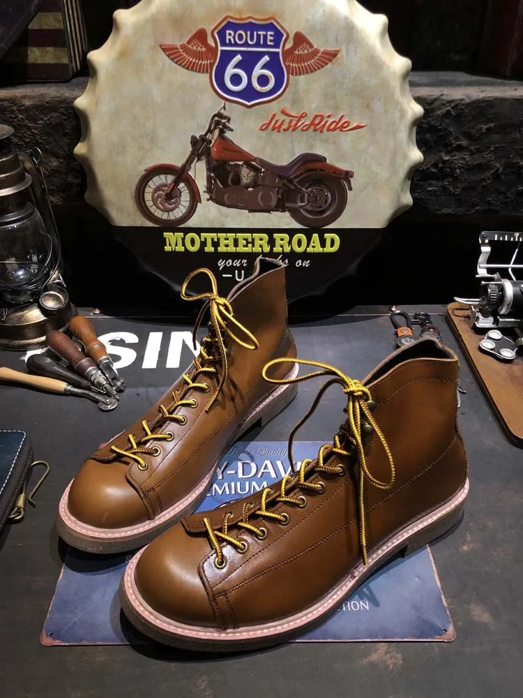 Vintage British Style Genuine Leather Boots Men Cowboy Work High Top Shoes Lace Up Handmade Cowhide Motorcycle Short Boots Male