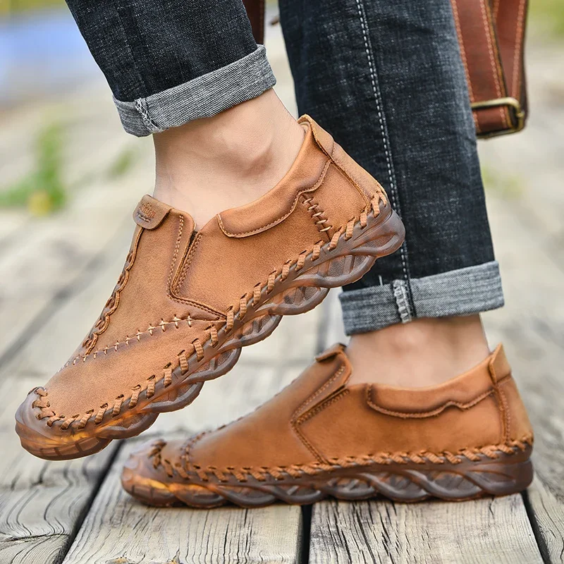 Zapatos informales de cuero para hombre, mocasines planos hechos a mano, transpirables, a la moda, estilo de diseñador