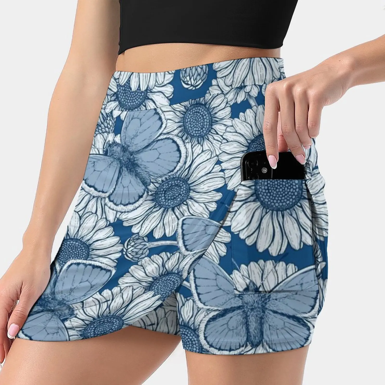 Classic Blue Spring Women's skirt With Pocket Vintage Skirt Printing A Line Skirts Summer Clothes Common Blue Spring Daisy