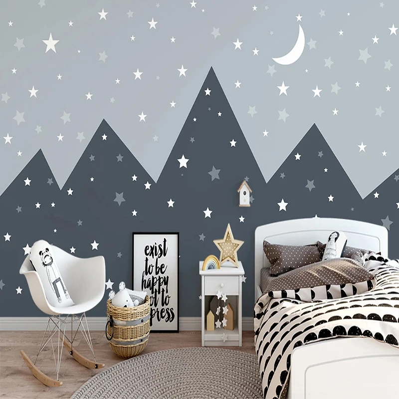 Personalized 3D Mountain & Starry Sky Wall Mural Wallpaper for Children's Bedroom, Hand-painted Home Decor Wall Covering