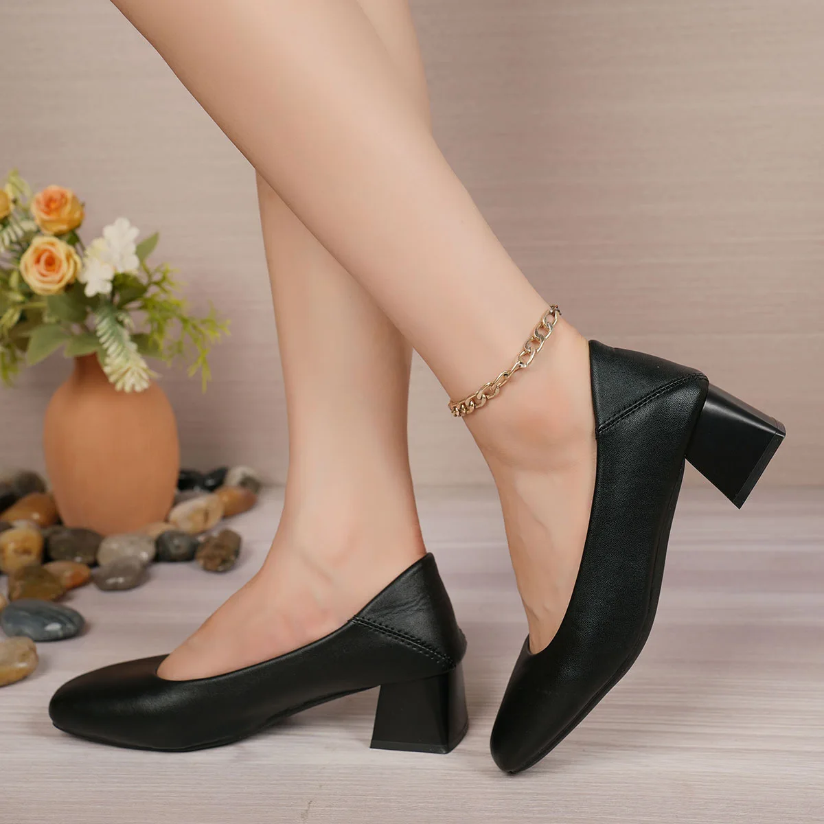 3cm Heels Women's Shoes With Straps 5cm Buckle Rubber PU Slides Med Hoof Women's Shoes With Straps 3cm Heels Buckle 5cm Slides R