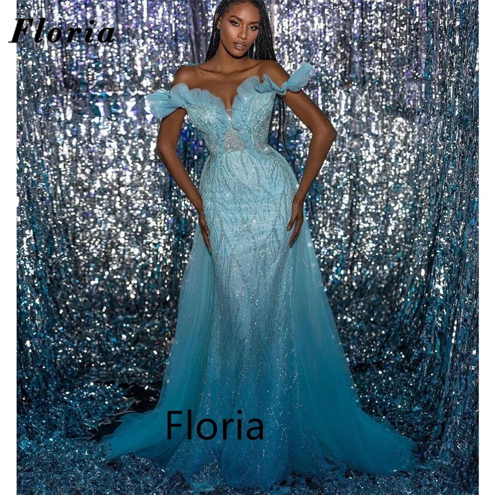 Floria Sparkly Glitter Mermaid Evening Gowns Blue Off Shoulder Celebrity Dress Elegant Long Beaded Party Dresses For Women 2023