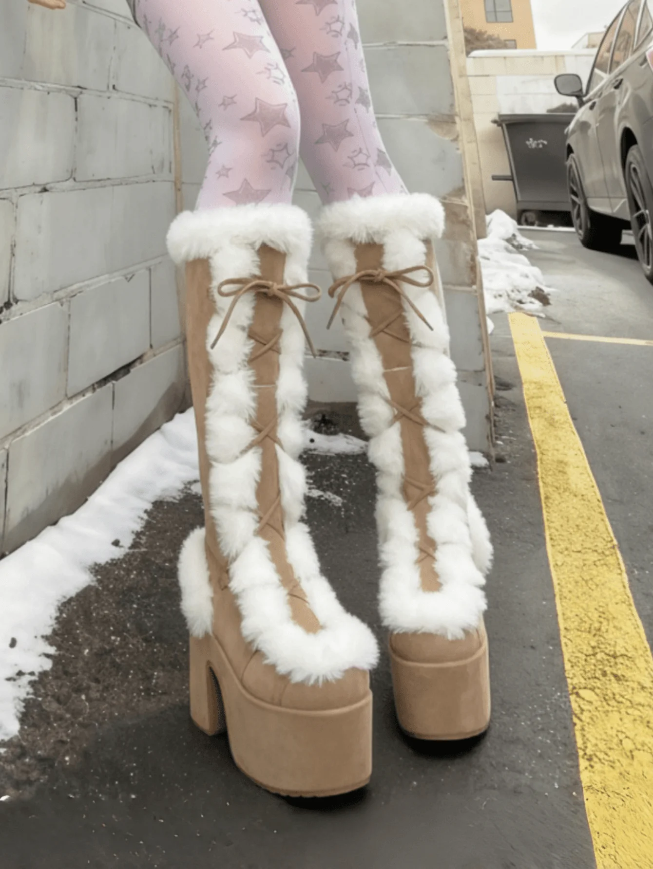 Women's Christmas Winter Furry Snow Boots Womens Mid Calf Boots Lace Up Zip Block Chunky High Heel Punk Goth Warm Fur Winter Snow Platform Knee High Boots - view 4