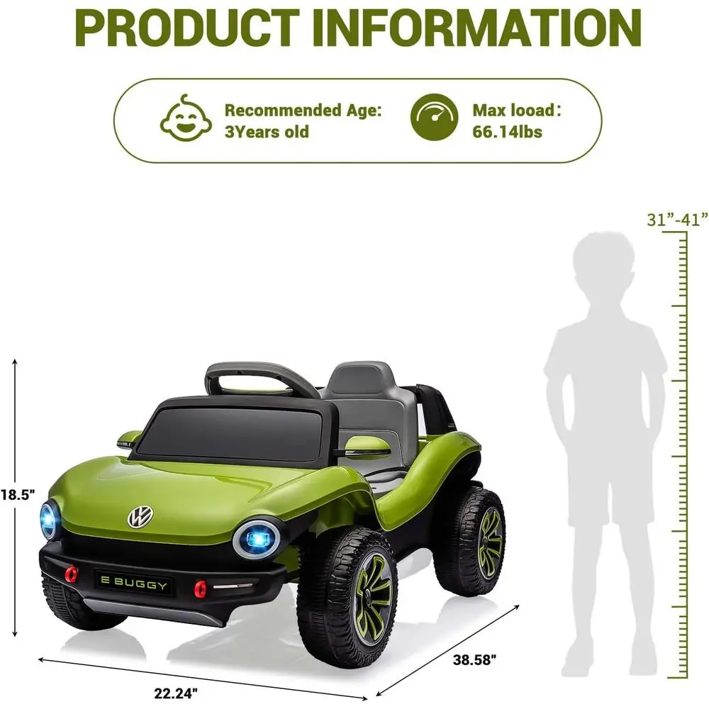 รถยนต์เด็กนั่งขับ 12V ลิขสิทธิ์แท้ Volkswagen Beetle ของเล่นรถยนต์ไฟฟ้าสำหรับเด็กเล็ก รถ 4 ล้อ พร้อมรีโมทควบคุมสำหรับผู้ปกครอง สีเขียว